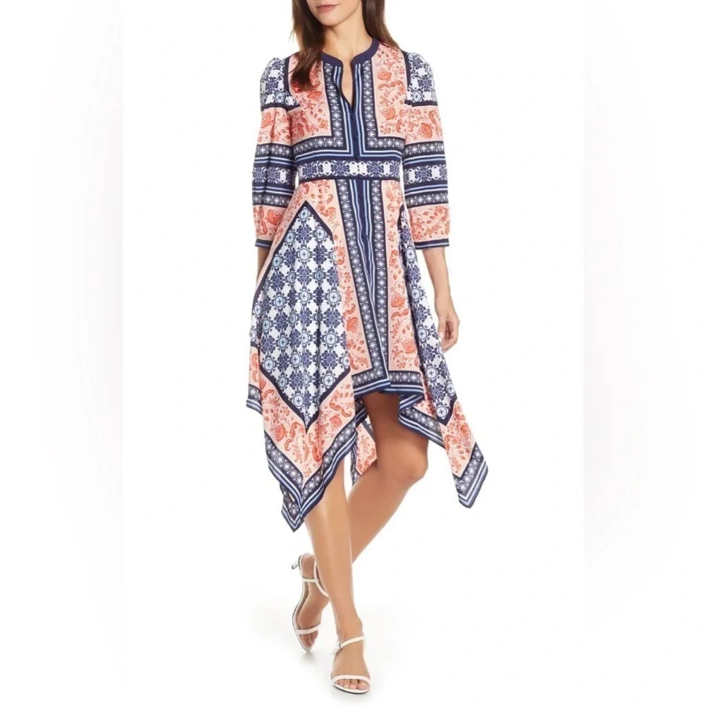 ELIZA J Women’s Bandana Print Handkerchief Dress Navy Orange Boho Coastal Size 6 - Picture 2 of 12